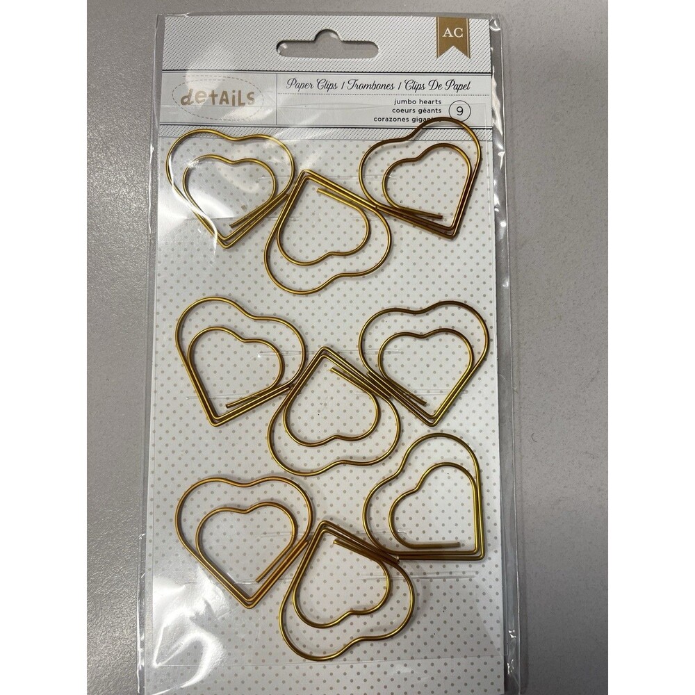 American Crafts Details 9PC Jumbo Gold Color Heart Shaped Paper Clips For Crafts